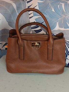 Gussaci Brown Pebbled Leather Satchel with Gold Turn-Lock